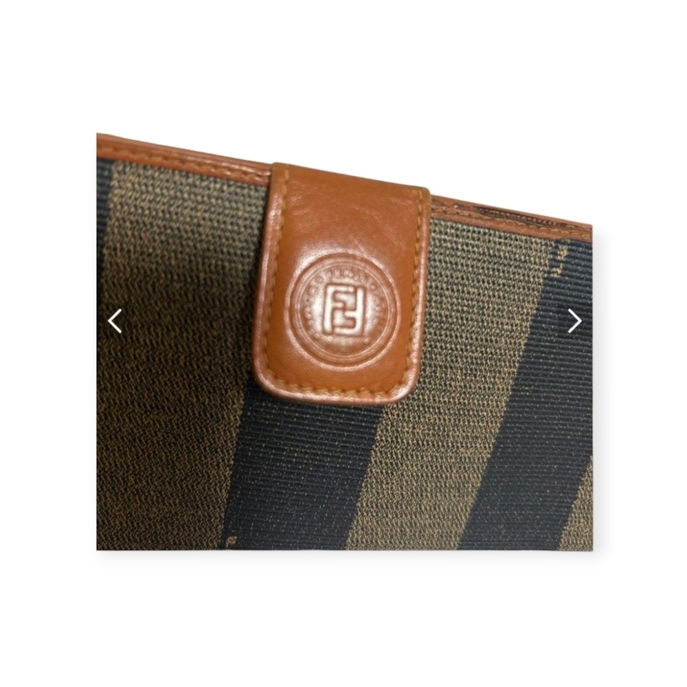 Fendi Pequin Stripe Canvas Leather Wallet Brown Navy Vintage COA - Picture 8 of 15